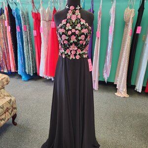 Black Prom Dress with Pink Floral Embroidery - Women's Halter Gown